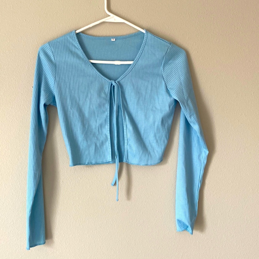 Light blue crop tie front top